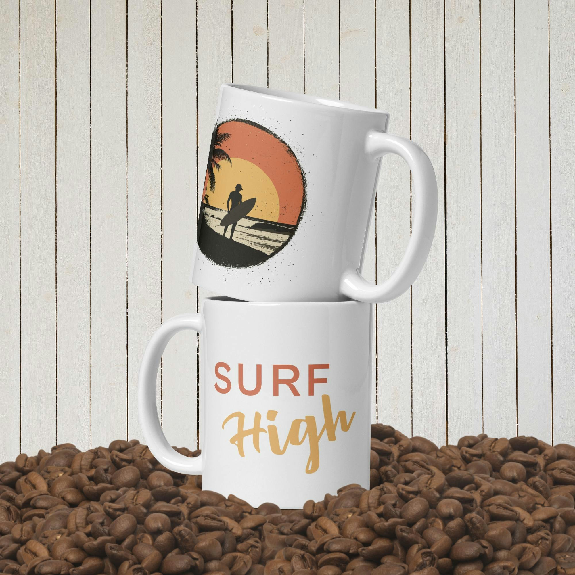 Sunset Surfer Mug | Surf High Design | Customizable Text | Perfect for Surf Lovers