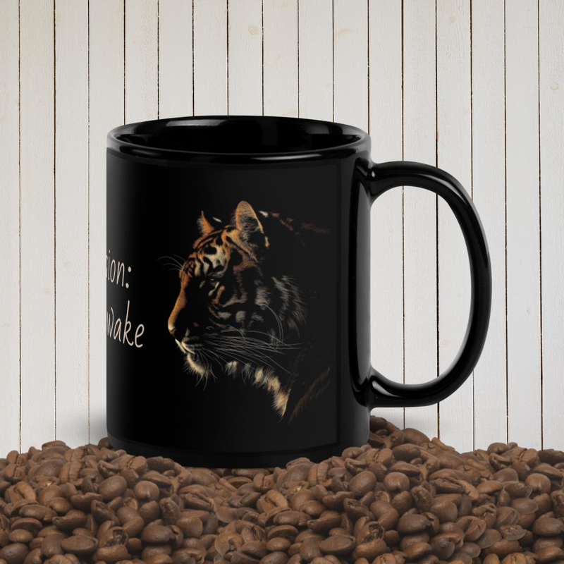 Tiger Silhoutte Mug | Colour on Black Ceramic Cup | One Mission: Stay Awake