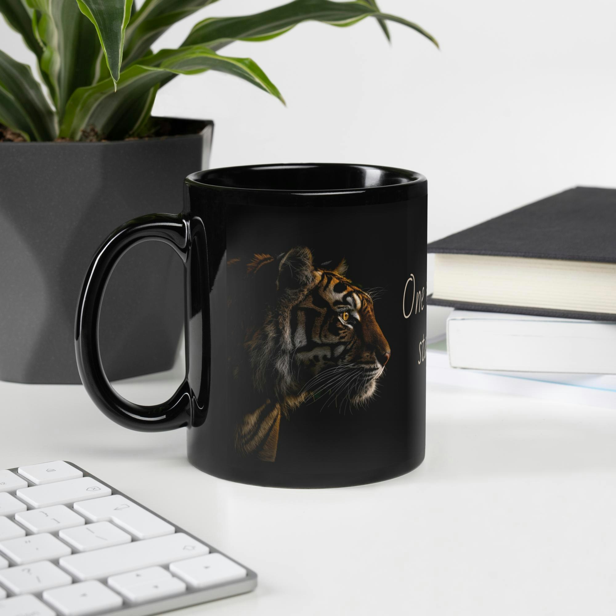 Tiger Silhoutte Mug | Colour on Black Ceramic Cup | One Mission: Stay Awake