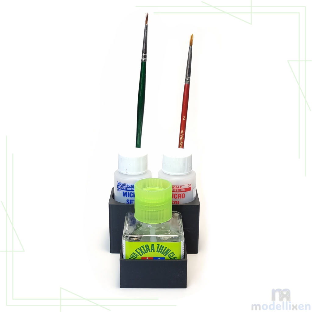 Organiser for decal fluids and cement adhesives