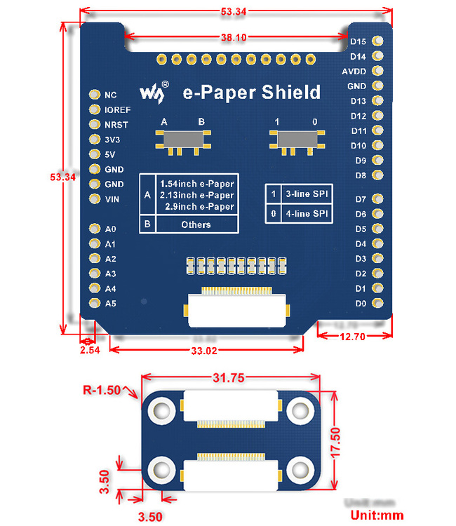 e-Paper Raw shield kit, kompatibel med Arduino