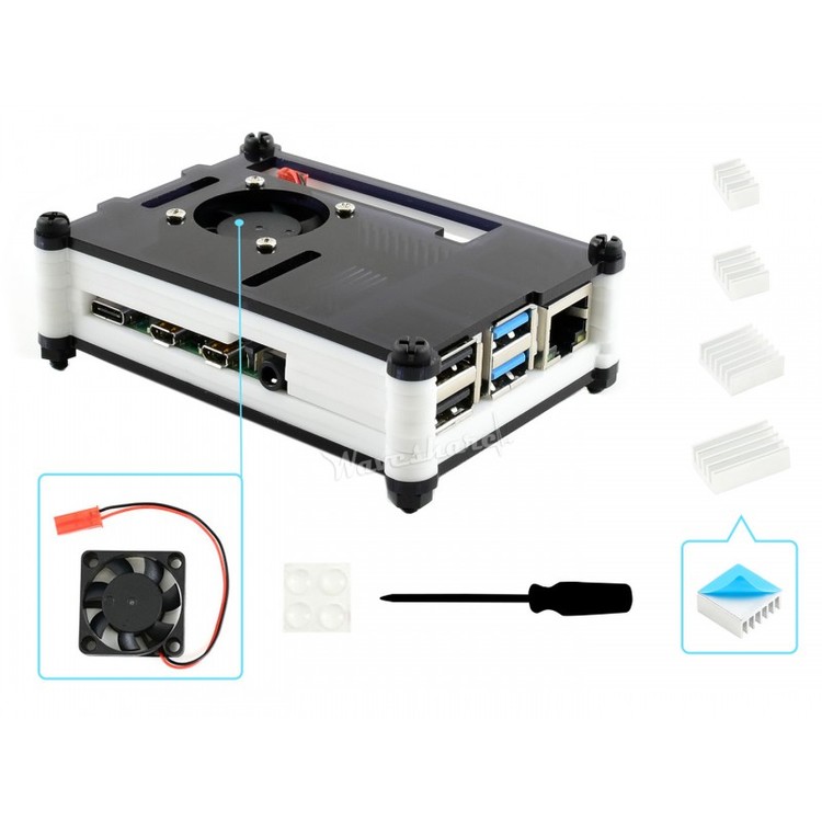 Black White Acrylic Case for Raspberry Pi 4, with Cooling Fan