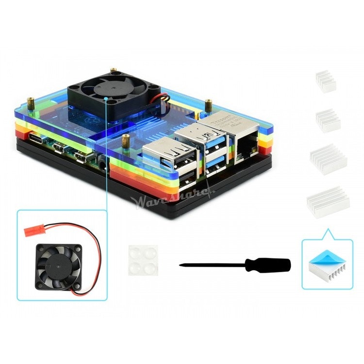 Colorful Rainbow Acrylic Case for Raspberry Pi 4, with Cooling Fan