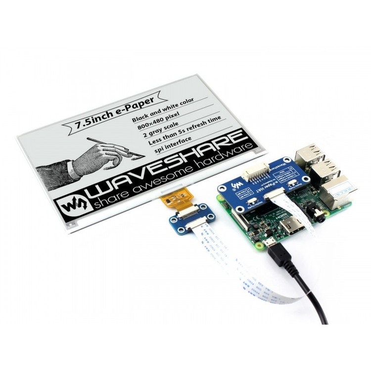 800×480, 7.5inch E-Ink display HAT for Raspberry Pi