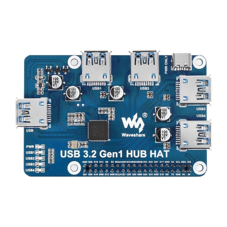 USB 3.2 Gen1 HUB HAT for Raspberry Pi, 4x USB 3.2 Gen1 Ports, Driver-Free