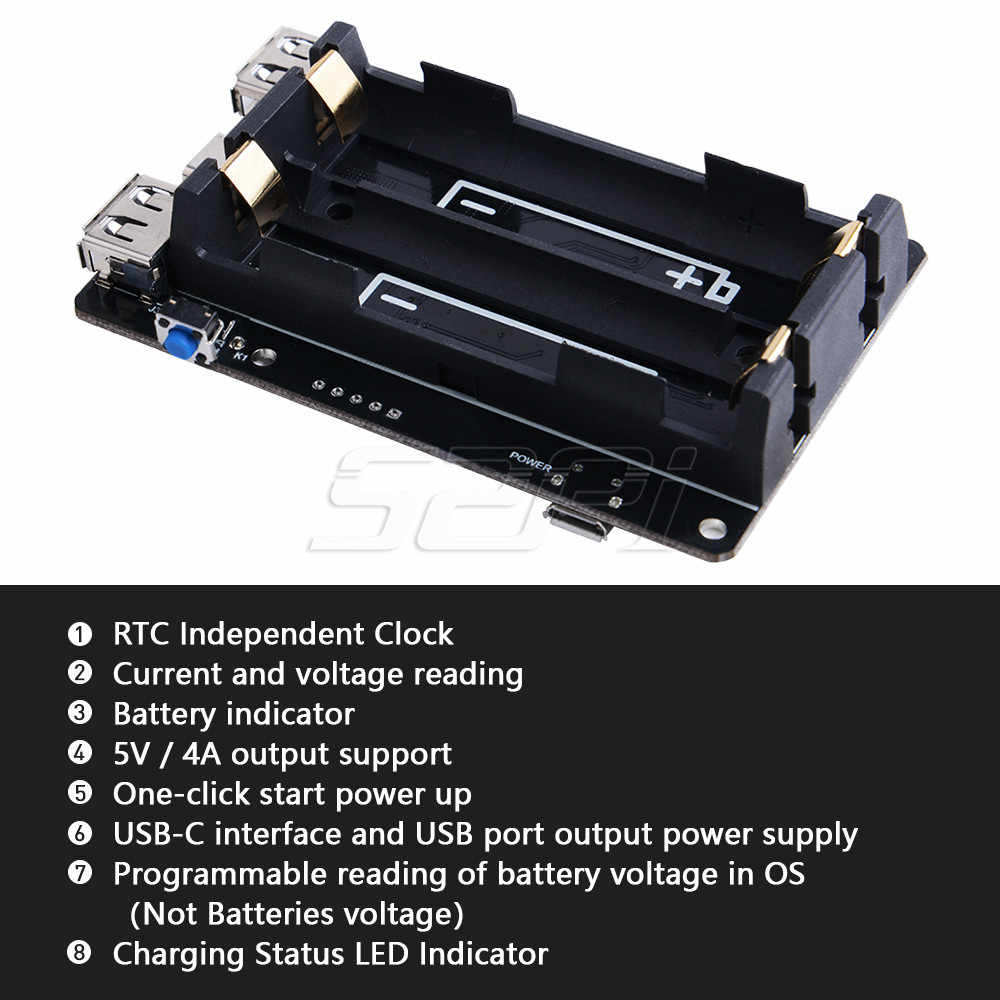 52Pi 18650 UPS With RTC & Coulometer Pro Power Supply Device Extended Two USB Port for Raspberry Pi 4 B / 3B+/ 3B