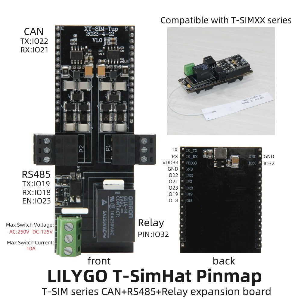 LILYGO® T-SimHat CAN RS485 Relay 5V With Optocoupler Isolation Module T-SIM Series Expansion