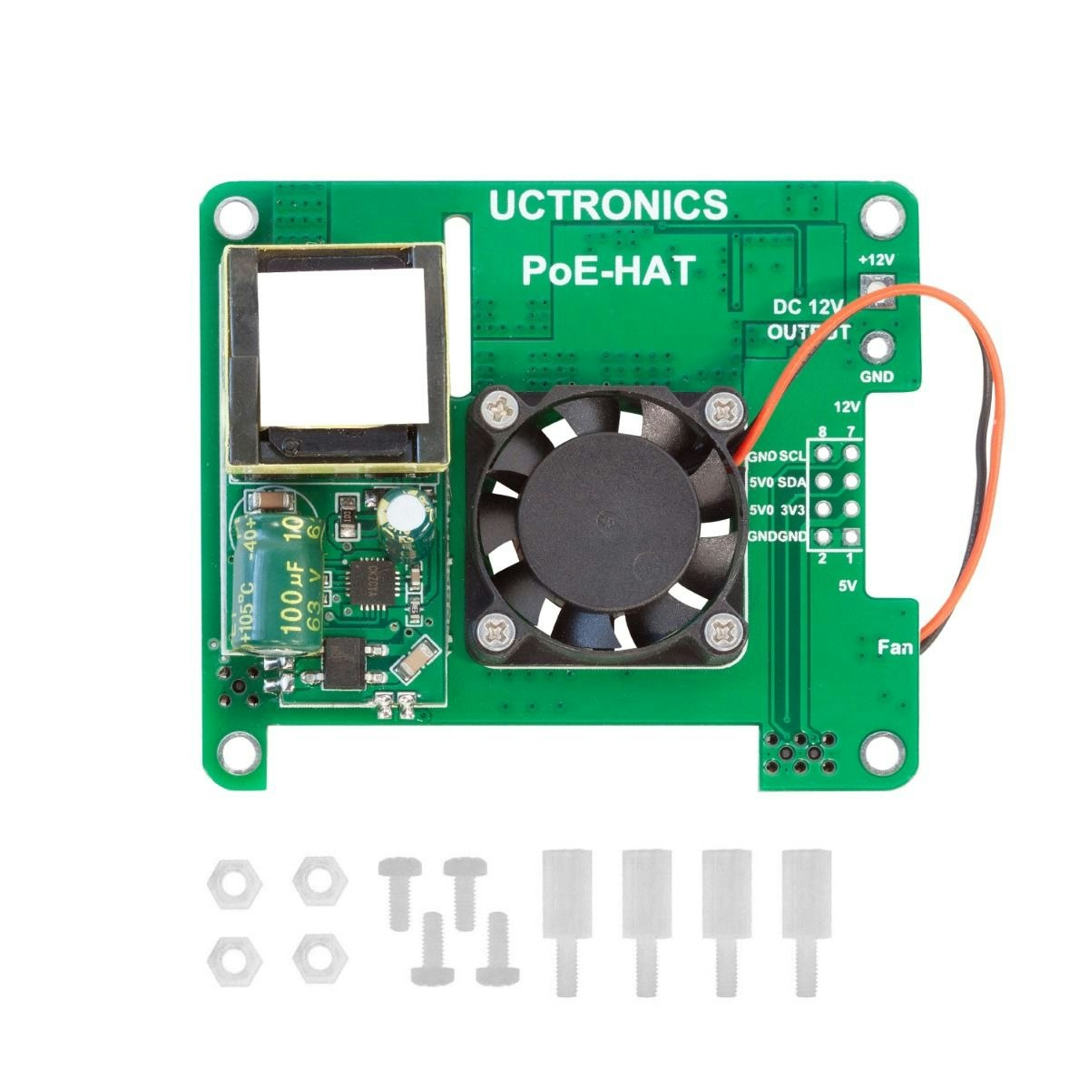 UCTRONICS PoE HAT 5V 3A for Raspberry Pi 4B, 3B+ and 802.3af/at PoE Network, with Cooling Fan