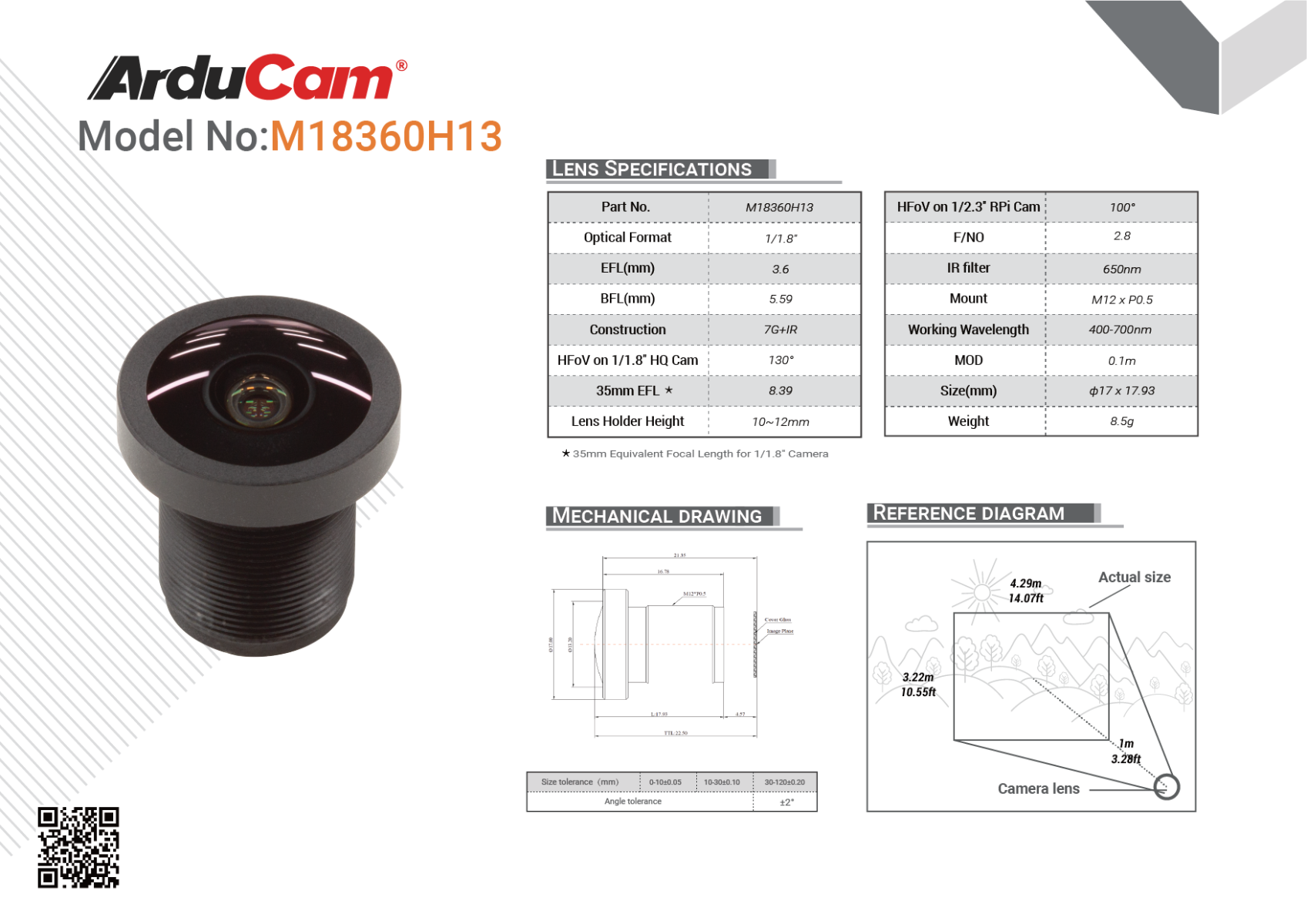 Arducam 1/1.8'' 4K 3.6mm Wide Angle M12 Lens