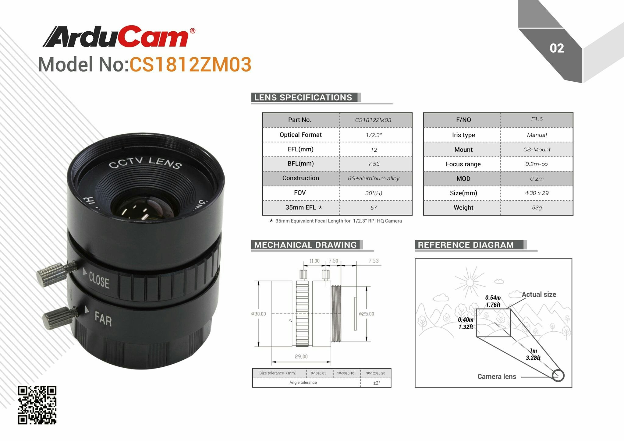 Arducam CS-Mount Lens for Raspberry Pi High Quality Camera, 12mm Focal Length with Manual Focus