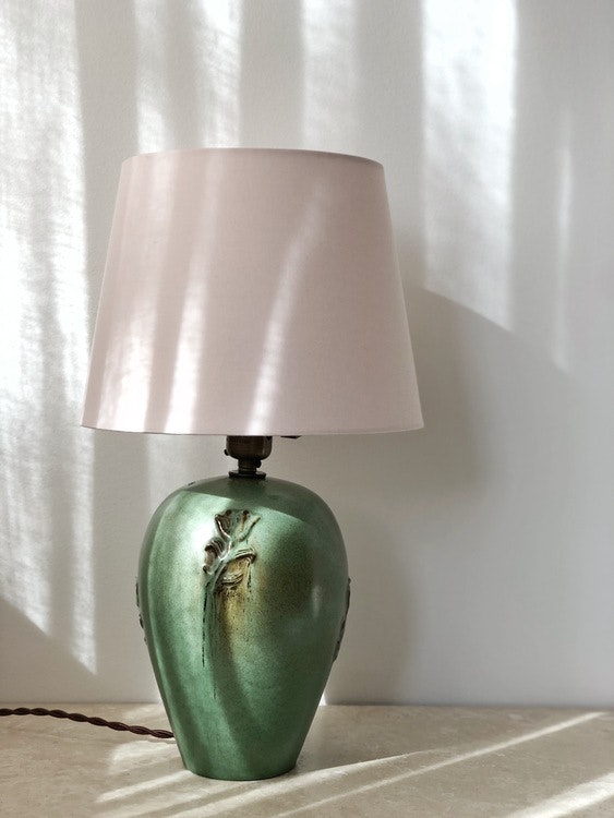 Nittsjö Scandinavian Modern Green Ceramic Table Lamp. 1960s.