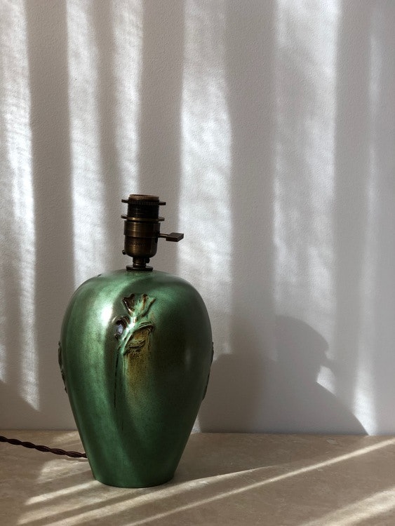 Nittsjö Scandinavian Modern Green Ceramic Table Lamp. 1960s.