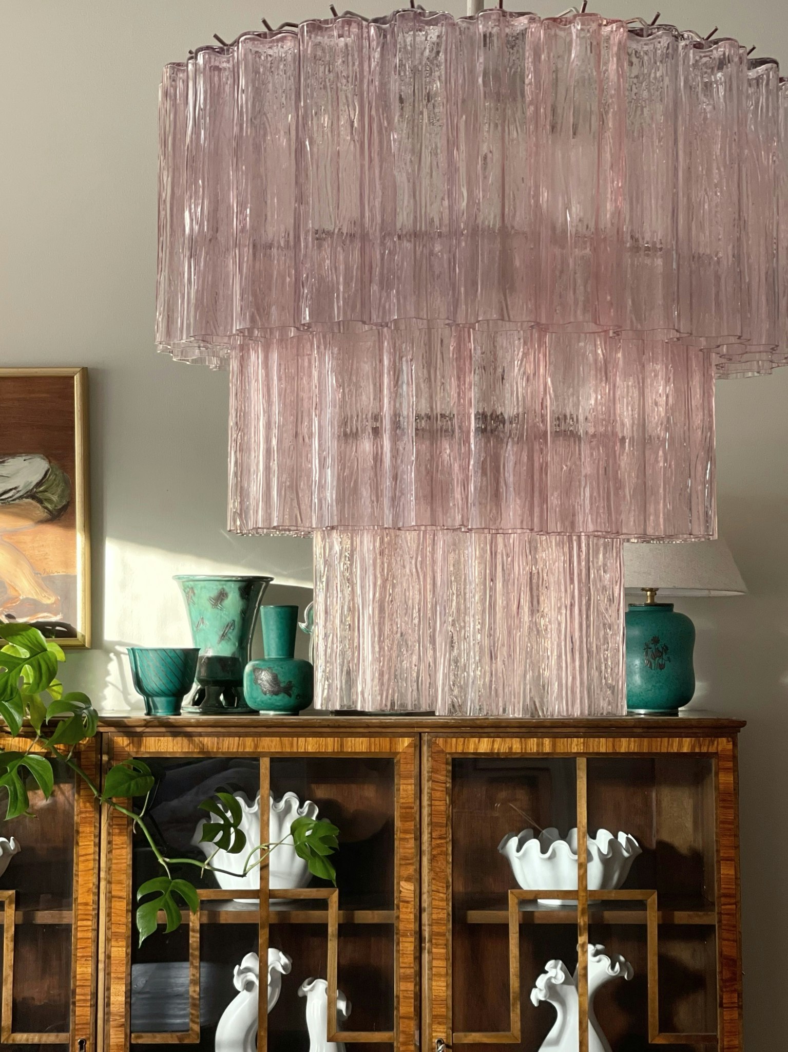 Pink Murano Chandelier 'Tubular'. Large size.