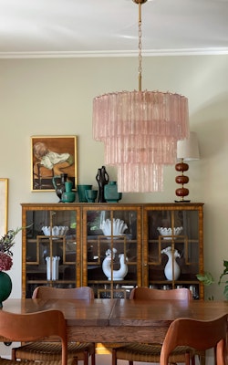 Pink Glass Murano Chandelier 'Tubular'. Large size. Gold Plated Lamp Base.