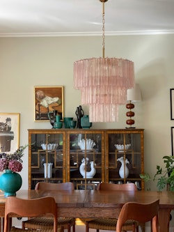 Pink Murano Chandelier TUBULAR. Large size. Gold Plated Lamp Base.