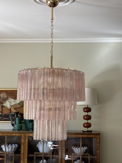 Pink Murano Chandelier TUBULAR. Large size. Gold Plated Lamp Base.