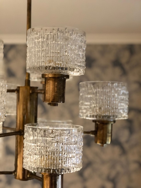 Hans-Agne Jakobsson 9-armed Chandelier with textured glass shades