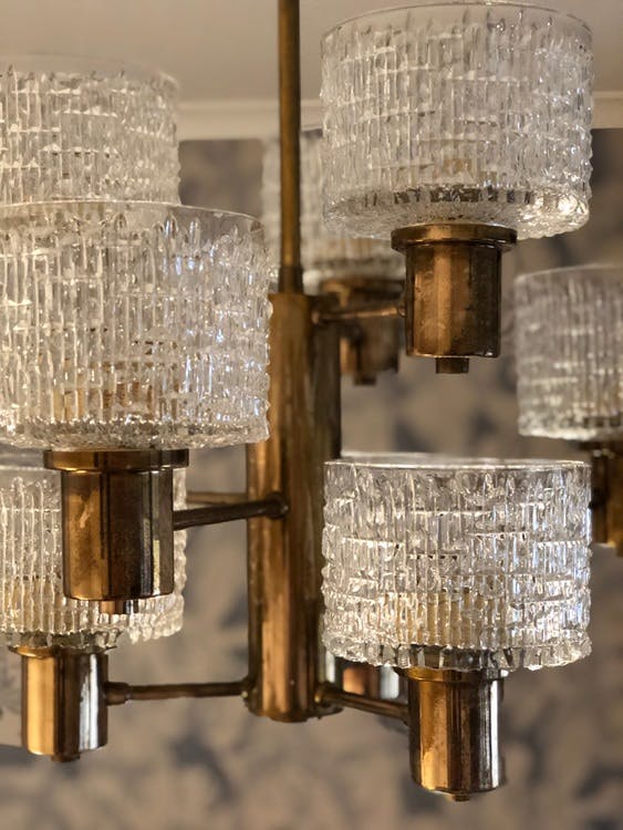 Hans-Agne Jakobsson 9-armed Chandelier with textured glass shades