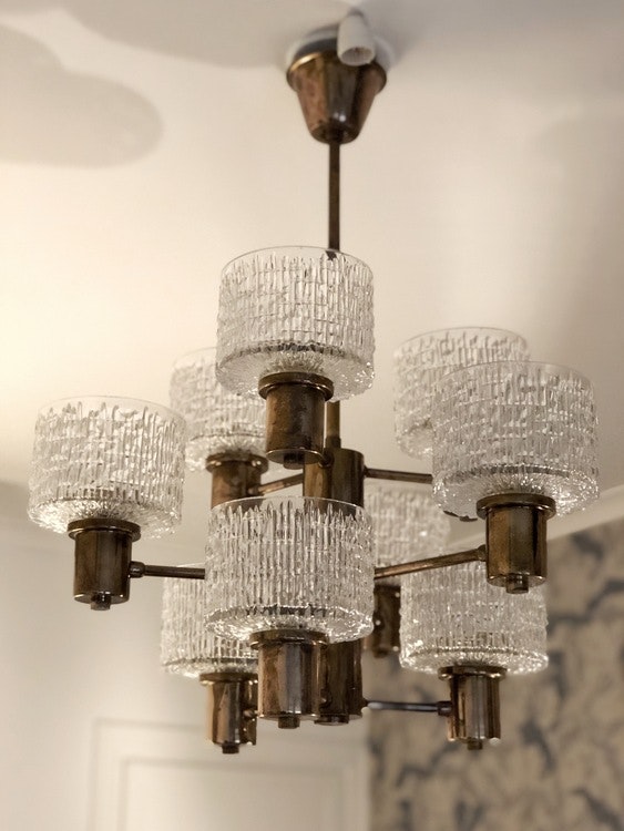 Hans-Agne Jakobsson 9-armed Chandelier with textured glass shades