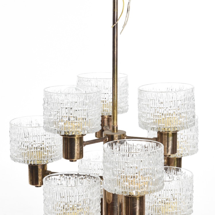 Hans-Agne Jakobsson 9-armed Chandelier with textured glass shades