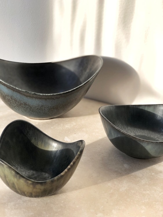 Gunnar Nylund trio Blue Biomorphic ARO and ASH stoneware bowls for Rorstrand