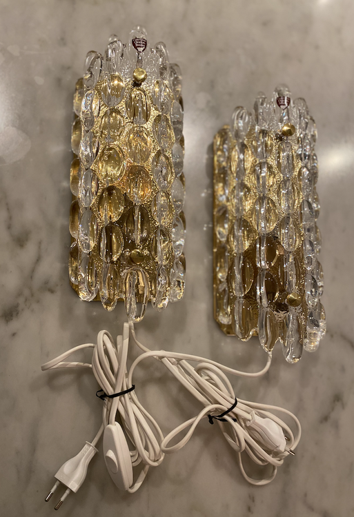 Orrefors pair of Crystal Sconces with gold brass fixtures by Carl Fagerlund