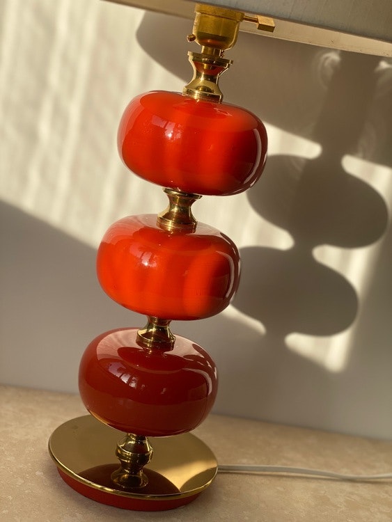 Stilarmatur Table Lamp in Brass and Red Glass. 1960s.