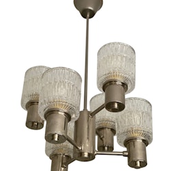 Tyringe 6-armed Crystal Chandelier with textured Glass Shades. 1960s.