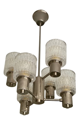 Tyringe 6-armed Crystal Chandelier with textured Glass Shades. 1960s.