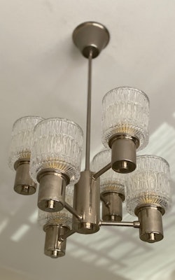 Tyringe 6-armed Crystal Chandelier with textured Glass Shades. 1960s.