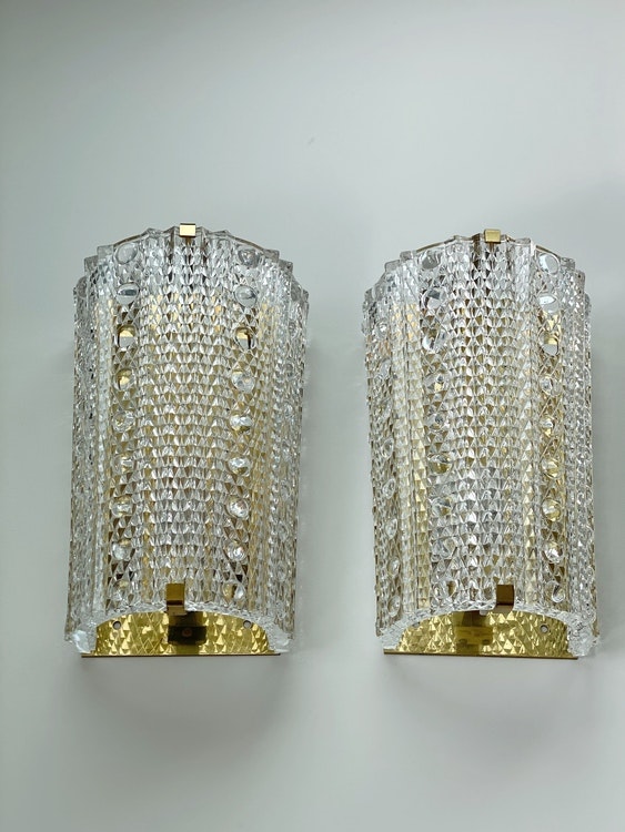 Pair of Large Orrefors Crystal Glass and Brass Sconcs "Medea". 1960s.