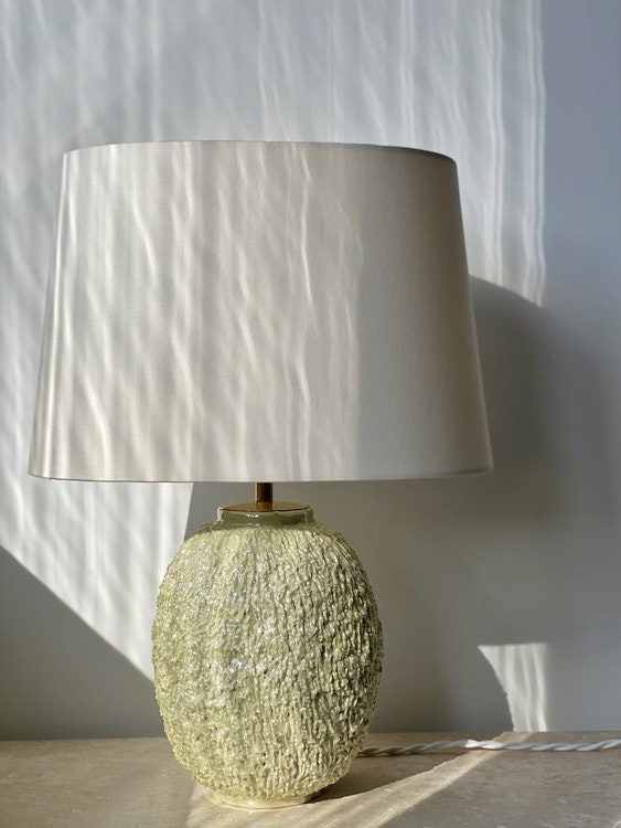 Rörstrand Large Yellow Chamotte Table Lamp by Gunnar Nylund. 1950s.