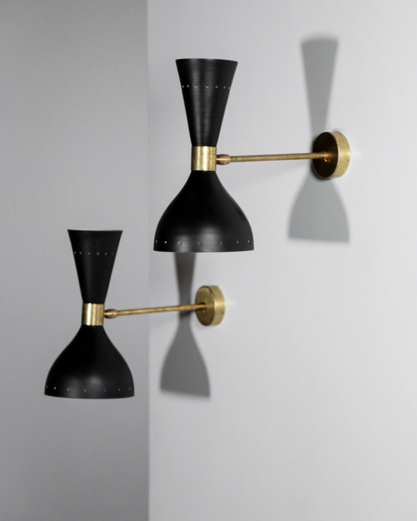 Pair of Black Wall Lamps in the Style of Stilnovo