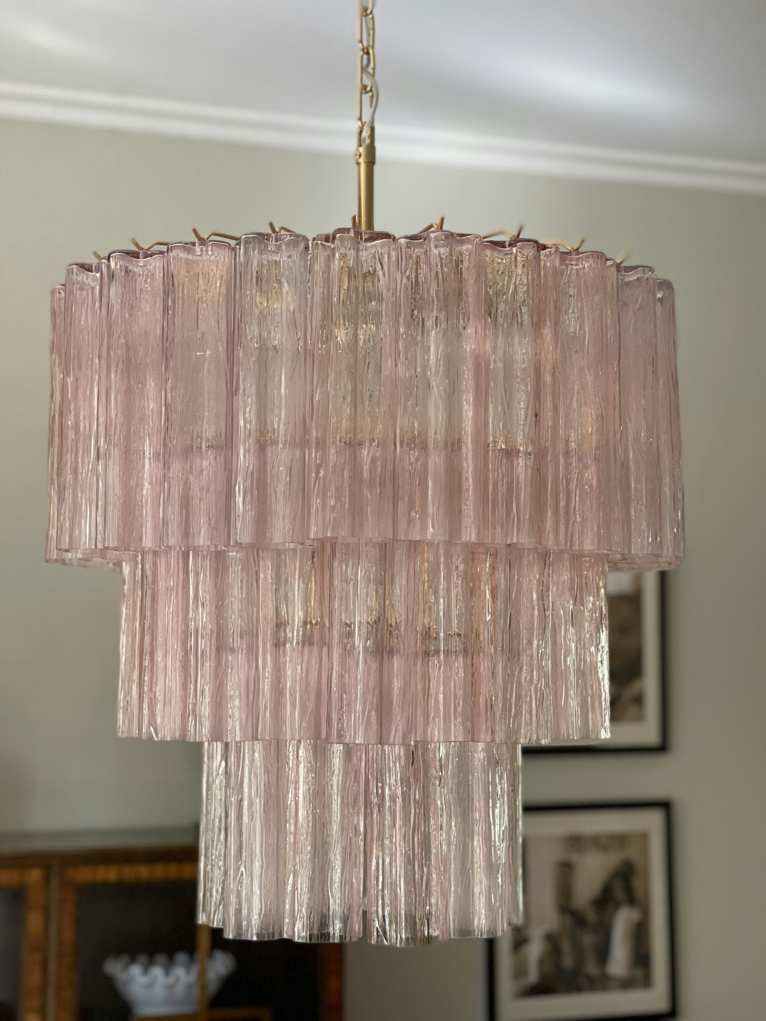 Pink Glass Murano Chandelier 'Tubular'. Large size. Gold Plated Lamp Base.