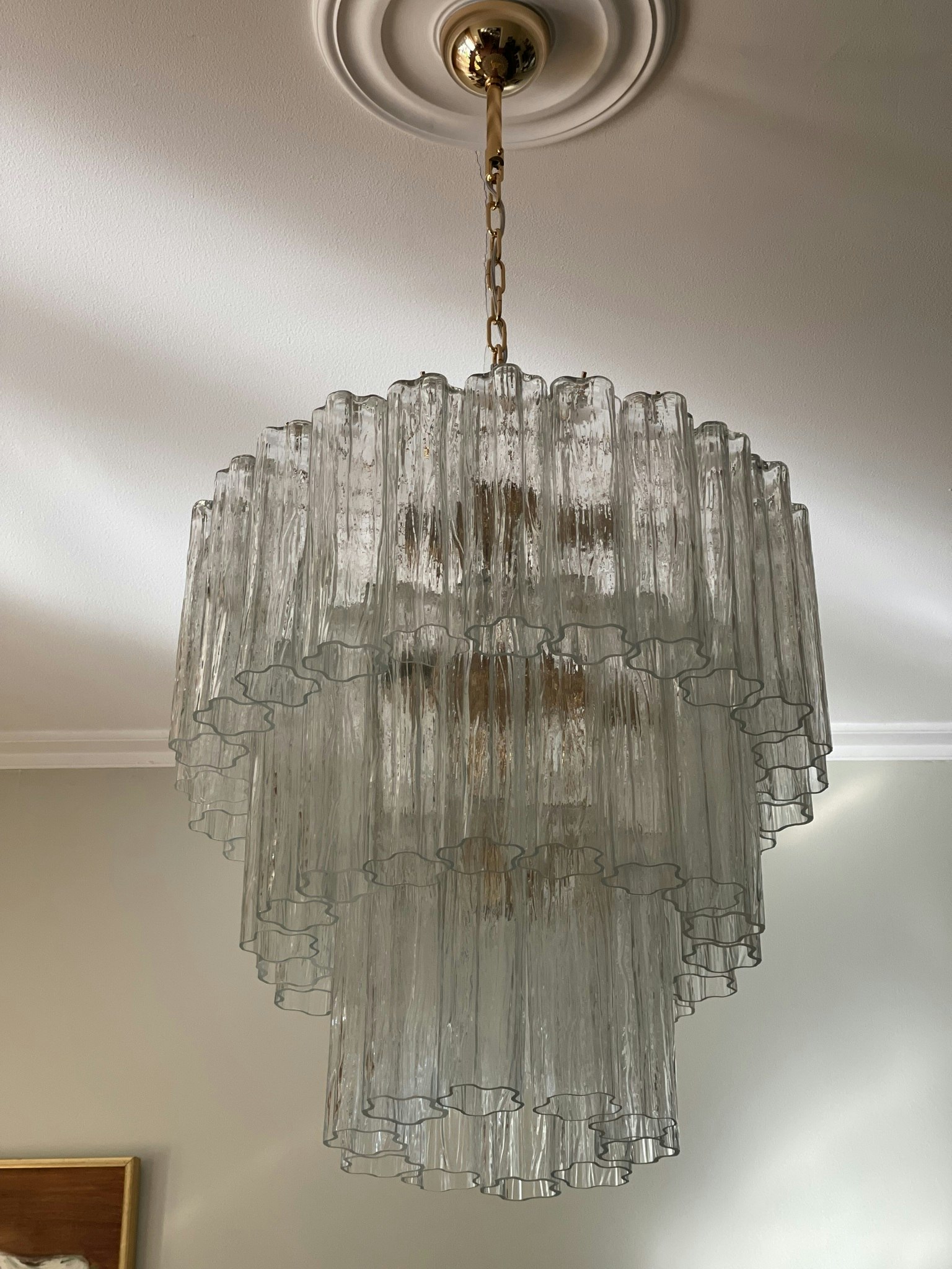 Murano Chandelier 'Tubular'. Large. Golden Lamp Base.