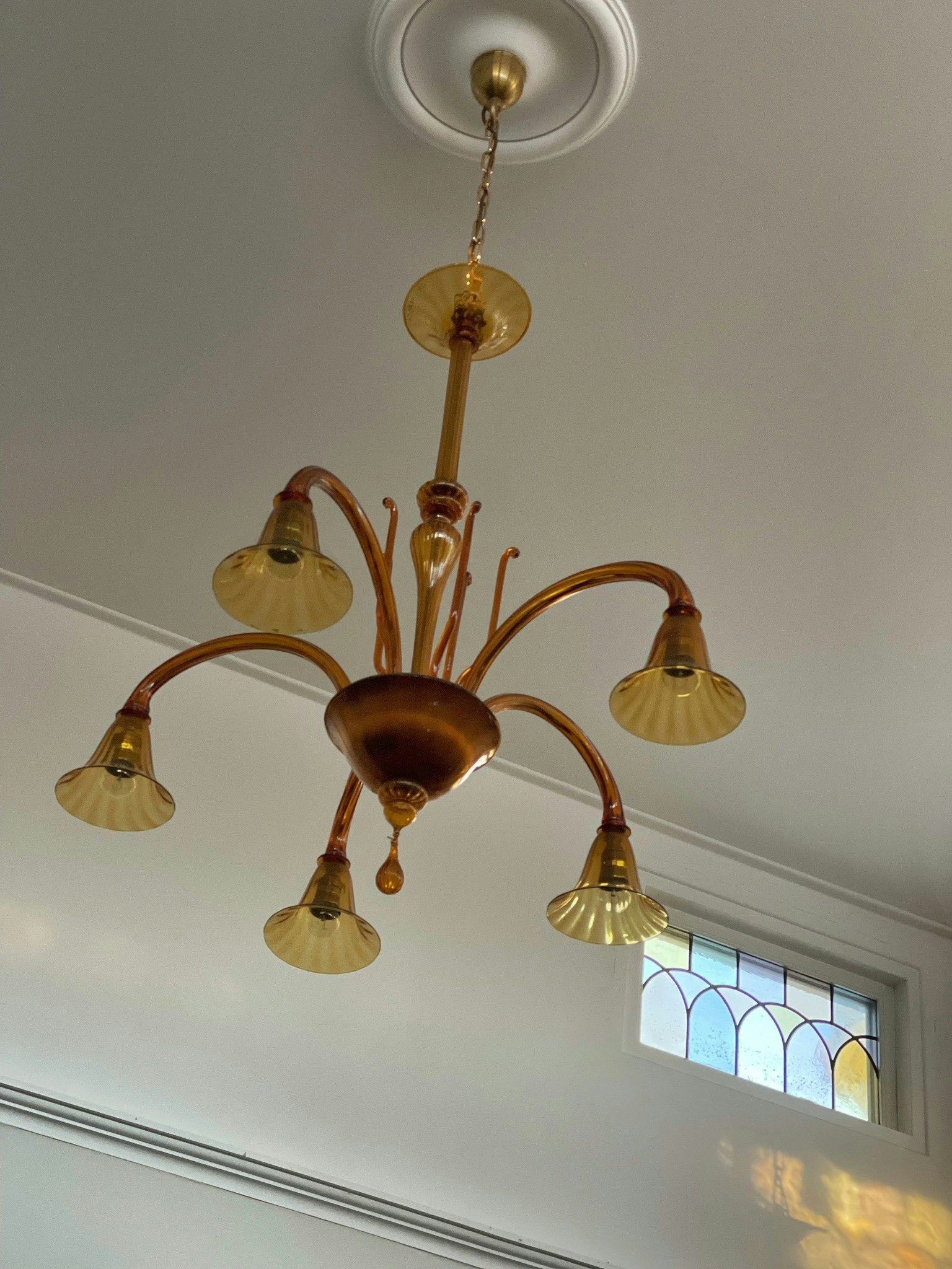 Murano Chandelier 5-armed in Amber. 1970's.