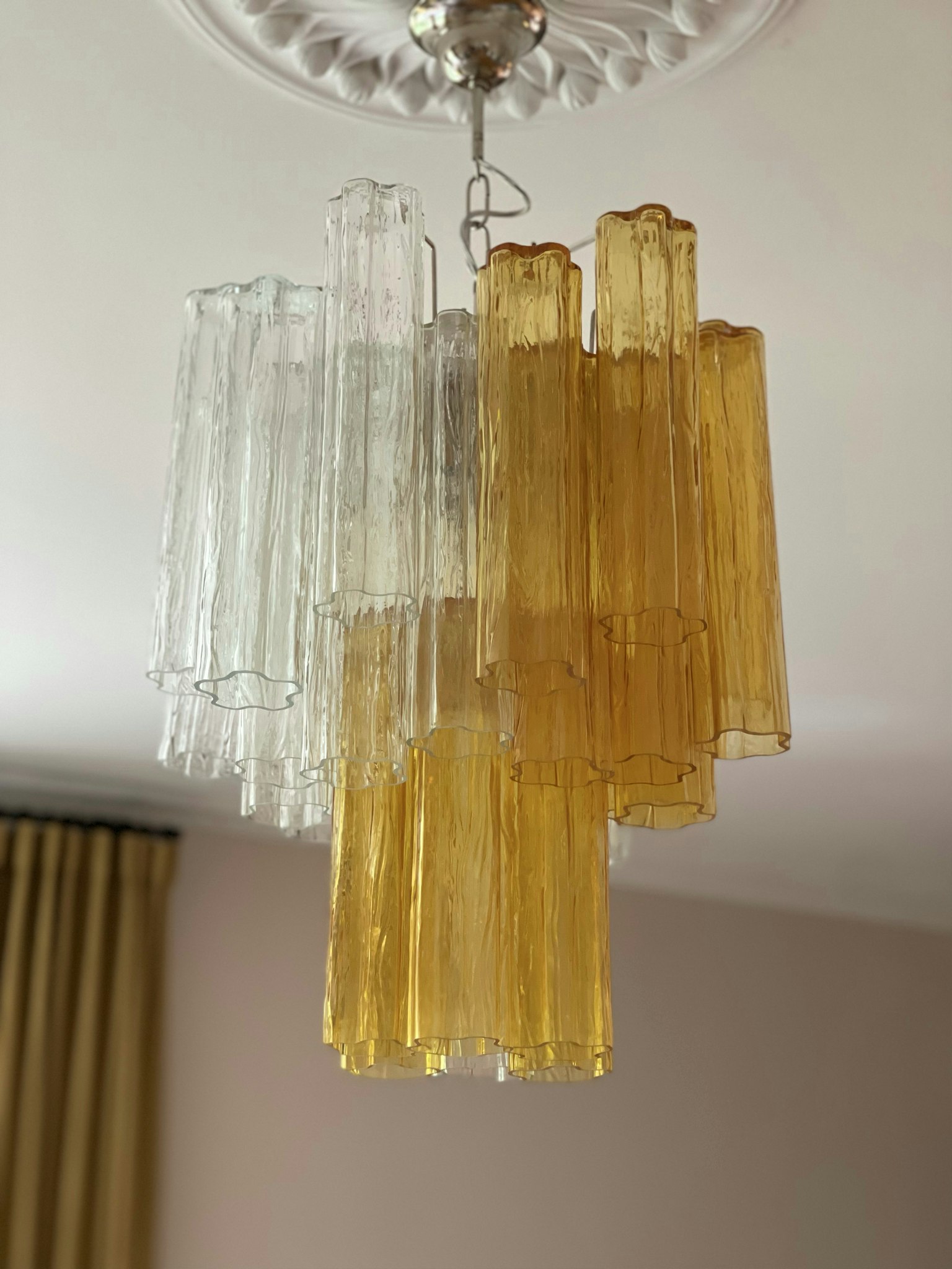 Murano Glass Chandelier 'Tubular'. Small size. Amber & Clear