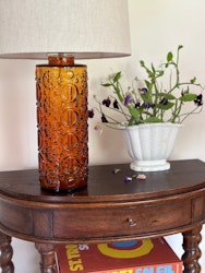 Glass Table Lamp in amber by Gustav Leek for Orrefors, 1960s