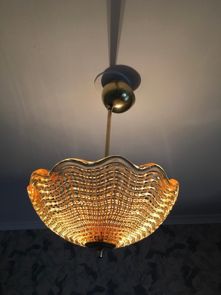 Art Deco Amber Glass Bowl Chandelier by Orrefors