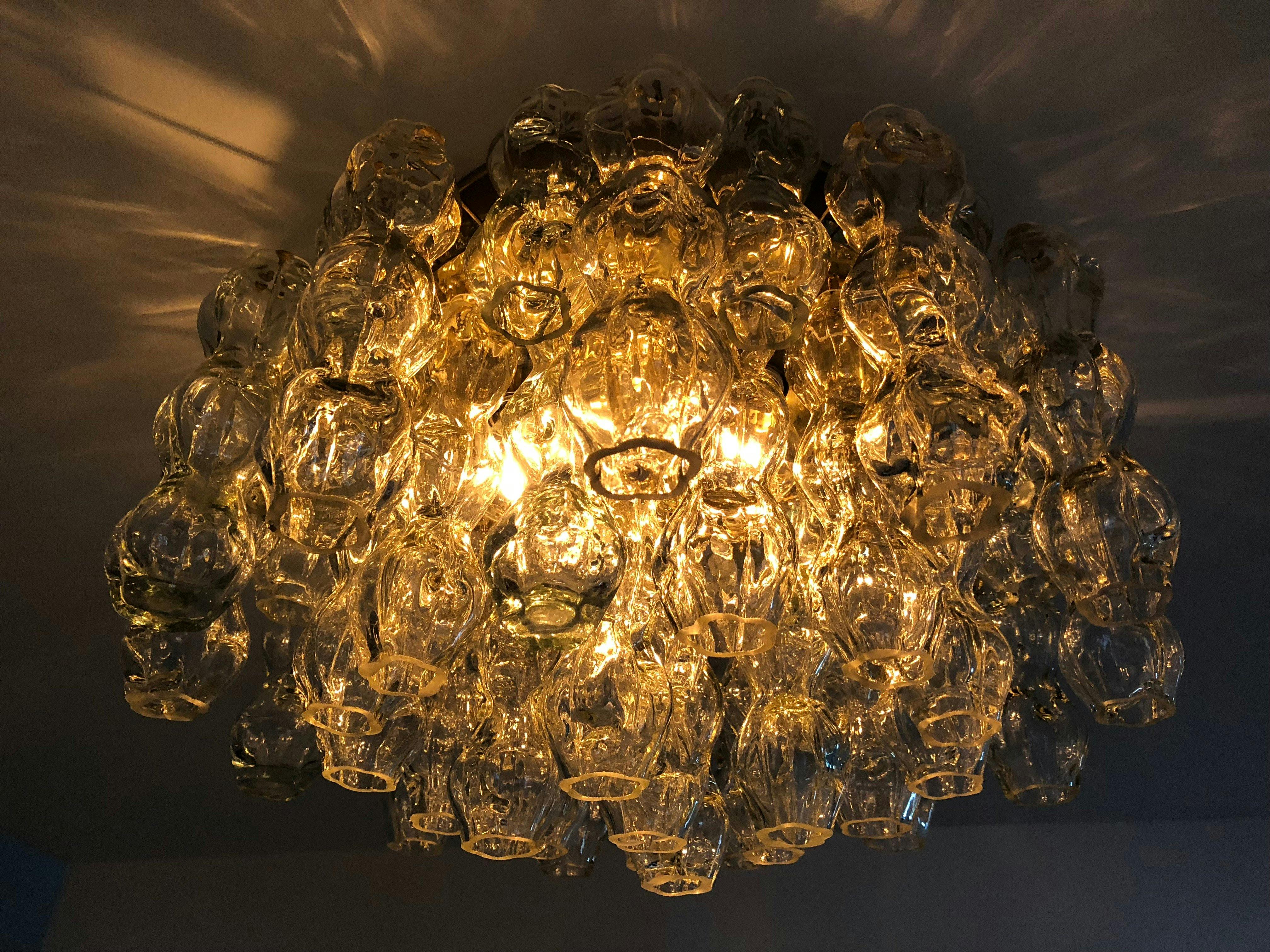 Doria Leuchten 60's Glass and Brass Flush Mount Chandelier
