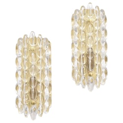 Orrefors pair of Crystal Sconces with gold brass fixtures by Carl Fagerlund