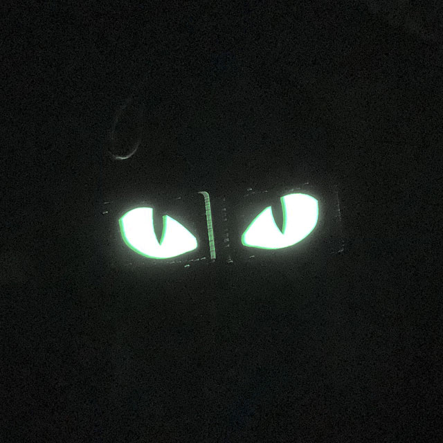A pair of Lynx Glow Eyes Brown Hook Tube seen glowing in the dark