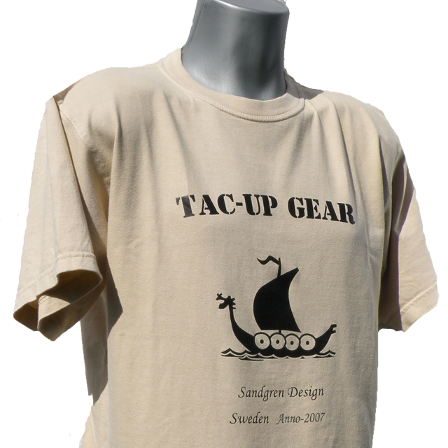 T-Shirt Tan TUG with vikingship logo showing.