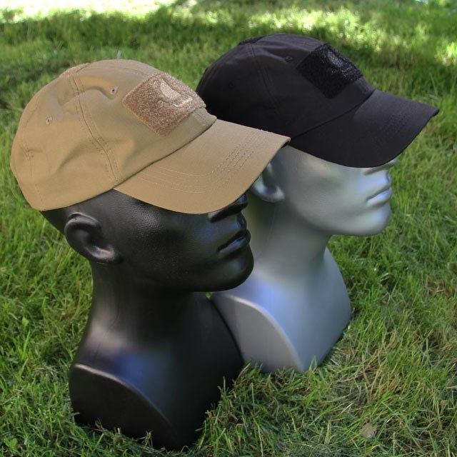 Coyote and Black Tactical Baseball caps on mannequin.