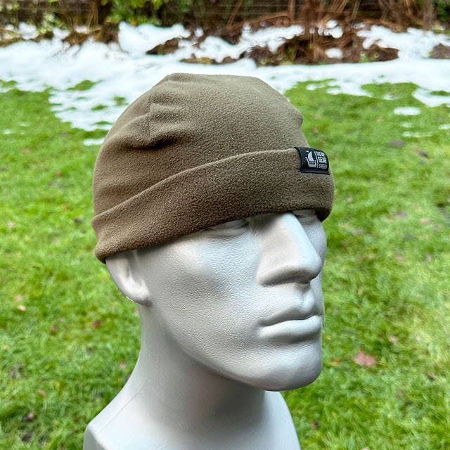 Beanie Fleece Green from TAC-UP GEAR seen at an angle on a model