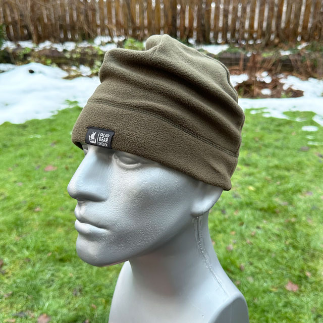 Beanie Fleece Green from TAC-UP GEAR seen fully extended with loose scull fabric on a model