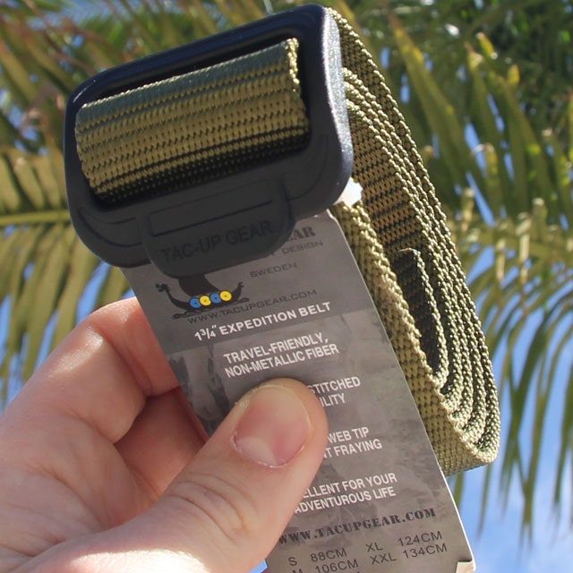 Beltbuckle and label show on a Expedition Belt Green.