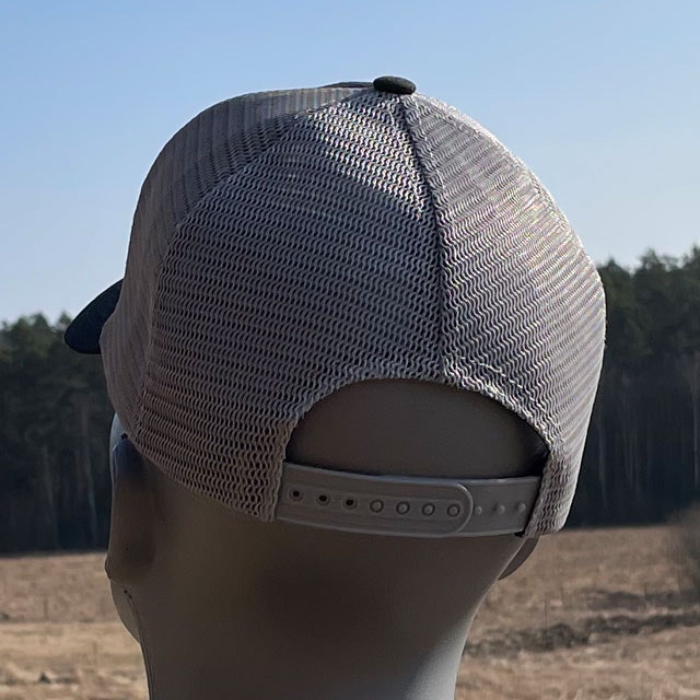 Mesh Cap Black and Grey from TAC-UP GEAR seen from back on mannequin showing the snapback closure.