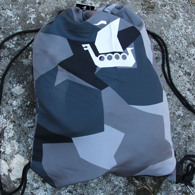 Vikingship logo in silver print on a Drawstring Sports Bag M90 Grey