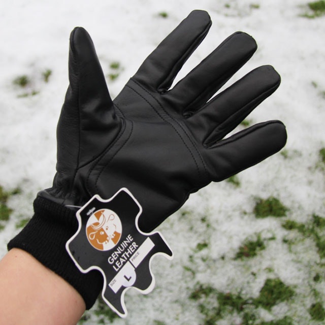 Palm area and genuine leather badge on a Officer Black Leather Glove.